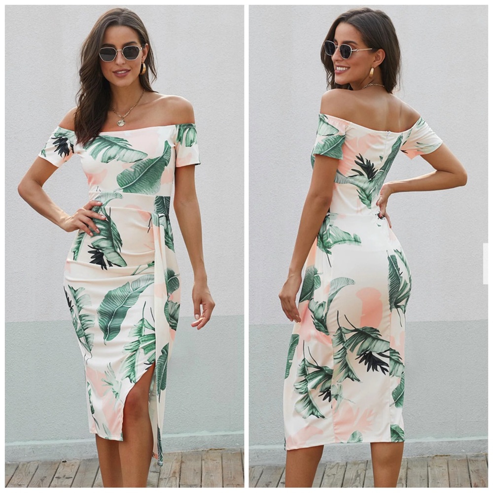Floral Print Short Sleeve Off Shoulder Dress M